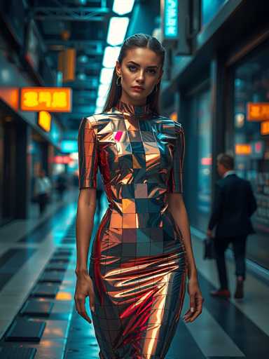 A woman in a futuristic, metallic dress walks down a brightly lit, neon-lit corridor. The dress is a shimmering, geometric pattern of orange and silver, with a high neckline and short sleeves. She has long, dark hair pulled back in a sleek ponytail and is wearing large hoop earrings. Her expression is serious and direct, looking straight at the viewer. The corridor is narrow and futuristic, with glowing neon signs in Japanese script hanging overhead. Other people are blurred in the background, suggesting a bustling city environment. The overall style is cyberpunk and highly stylized, with a focus on vibrant colors and sharp lines.