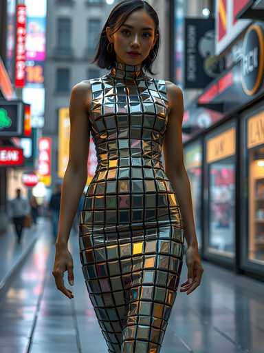 A woman is walking down a city street at night, wearing a silver dress with a geometric pattern and matching earrings. The background features tall buildings illuminated by neon signs, creating a vibrant urban atmosphere.