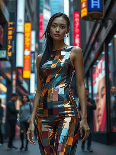 A woman in a futuristic, iridescent jumpsuit stands confidently on a bustling city street. The jumpsuit features a geometric pattern of metallic squares in shades of orange, black, and silver, reflecting the vibrant neon lights of the surrounding shops. She has long, dark hair styled in a sleek ponytail and wears delicate hoop earrings. Her makeup is subtle yet enhances her features, with a focus on defined eyes and lips. The background is blurred, emphasizing the woman as the focal point of the image. The overall mood is one of modern elegance and urban sophistication, with a touch of futuristic glamour.