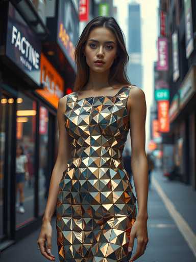 A woman is standing on a city street wearing a gold dress with diamond-like patterns and holding a purse. The background includes buildings and signs, suggesting an urban setting.