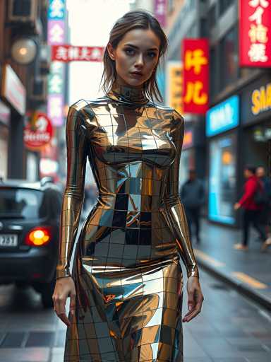 In this vibrant, futuristic cityscape, a striking woman stands confidently in the middle of a bustling street. She is adorned in a form-fitting, metallic dress that shimmers with a golden hue, composed of numerous small squares that reflect the surrounding environment. Her dress extends from her neck down to her knees, accentuating her poised stance. The woman has short brown hair, styled neatly, and her expression is serious as she gazes directly at the camera. 

Behind her, the street is alive with activity. A black car with its taillight illuminated is parked to her left, while a few pedestrians walk along the sidewalk to her right. The background is a blur of tall buildings adorned with neon signs and billboards, some featuring Asian characters, suggesting an urban setting in an Asian country. The overall scene is bathed in a mix of colors—gold, black, red, blue, yellow, and white—adding to the dynamic and modern atmosphere of the image.