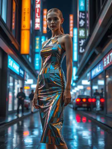 A woman is standing on a sidewalk at night, wearing a metallic dress that reflects the neon lights of the city around her. The street behind her is lined with shops and restaurants, their signs glowing in the darkness. A car can be seen driving by on the road next to the sidewalk.
