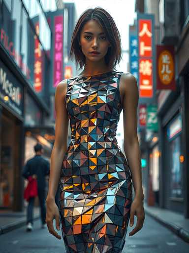 In this captivating image, a young woman stands confidently in the middle of a bustling city street, framed by a backdrop of vibrant neon signs and shop windows. Her striking appearance is accentuated by her short, dark brown hair, which falls just past her shoulders. She wears a sleeveless dress adorned with a mosaic of triangular shapes in a spectrum of colors, including black, blue, yellow, orange, and red, creating a dynamic and eye-catching pattern. The dress, which appears to be made of a reflective material, shimmers with the reflections of the surrounding lights, adding to its allure.

The woman's pose is poised and self-assured, with her arms hanging naturally at her sides, her hands slightly open. Her expression is serious, and she gazes directly at the camera, exuding a sense of strength and determination. The street around her is lined with various shops, their windows reflecting the colorful neon signs that illuminate the scene. In the background, a man can be seen walking away, dressed in a black shirt and blue jeans, carrying a red bag over his shoulder. The overall atmosphere is one of urban energy and modernity, with the woman as the focal point amidst the lively cityscape.
