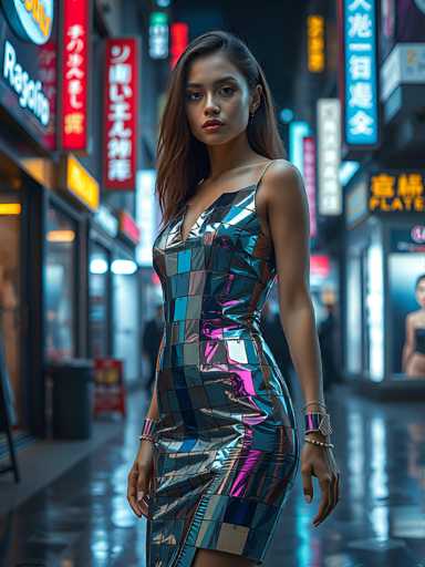 In this captivating image, a young woman stands confidently in the middle of a bustling city street, her presence commanding attention. She is adorned in a striking dress composed of reflective squares that shimmer in various colors, including shades of blue, pink, and purple. Her long brown hair cascades down, framing her face elegantly. She accessorizes with a silver bracelet on her right wrist and a combination of a silver bracelet and a beaded bracelet on her left wrist. Her nails are painted a delicate light pink, adding a touch of softness to her bold appearance.

The background reveals a vibrant urban setting, likely in an Asian country, as suggested by the signs and billboards adorned with Asian characters. The street is lined with various shops, their windows reflecting the bright lights of the city. On the right side of the image, a store window displays a woman in a black dress, adding to the scene's dynamic energy. The overall atmosphere is one of urban chic, with the woman's reflective dress mirroring the city's lively essence.