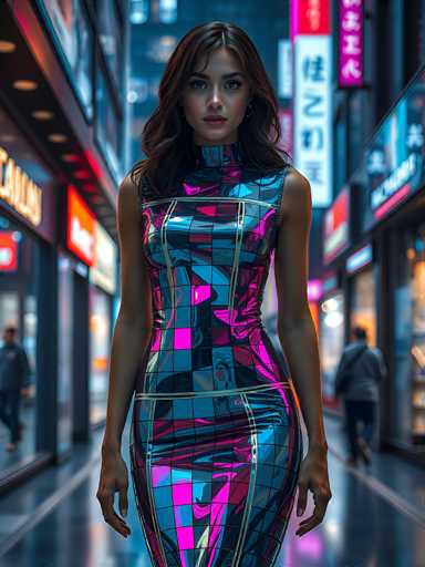 The image depicts a highly realistic, computer-generated scene of a young woman standing in the middle of a bustling city street. The woman, who appears to be in her early 20s, has long, dark brown hair that cascades past her shoulders. She is dressed in a striking, form-fitting dress that features a vibrant mix of colors, including shades of blue, pink, and purple. The dress is sleeveless and adorned with a grid-like pattern of squares, each outlined in gold. Her arms are relaxed at her sides, and she gazes directly at the camera with a neutral expression.

The setting around her is equally detailed and realistic. The street is flanked by tall buildings with storefronts, some of which display signs in what appears to be an Asian language, possibly Japanese or Chinese. The ground is a dark gray, and the overall atmosphere is one of urban energy and activity. In the background, slightly out of focus, are a few pedestrians, including a man in a gray jacket and blue jeans walking towards the camera. The scene is well-lit, suggesting it is daytime, and the combination of the woman's vivid attire and the city's dynamic backdrop creates a visually captivating and immersive image.