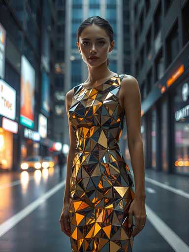 A woman is standing on a city street at night, wearing a dress with a geometric pattern of triangles and circles that shimmer under the lights from passing cars. The background shows buildings and billboards lining the street, creating an urban atmosphere.
