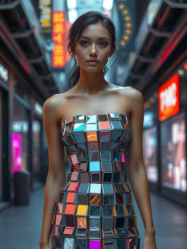 The image depicts a young woman, likely in her late teens or early twenties, standing in the middle of a bustling city street. She has long, dark hair tied back in a ponytail and is wearing a strapless dress made of reflective, mirror-like squares that create a shimmering effect. Her dress is form-fitting, accentuating her figure, and the reflective squares catch the light, adding a dynamic element to her appearance. The woman has a serious expression, with her mouth slightly open, and she gazes directly at the camera. The background is blurred, but it reveals a mix of urban elements, including storefronts, neon signs, and possibly some Asian script, suggesting a location like Chinatown. The overall scene is vibrant and colorful, with the woman's striking dress and the reflective cityscape creating a captivating visual contrast.