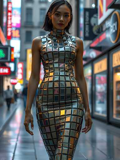 In this captivating image, a woman stands confidently on a bustling city street, her striking appearance immediately drawing attention. She is adorned in a form-fitting dress that appears to be crafted from reflective glass or mirrored material, creating an illusion of a mosaic of tiny squares. The dress, which is sleeveless and high-necked, accentuates her figure, with a particularly tight fit around her waist and hips. Her dark hair is styled in a short bob, with a single strand elegantly draped over her right eye, adding a touch of mystery to her look. She accessorizes with gold hoop earrings, and her makeup is bold, featuring dark red lipstick that complements her overall ensemble.

The background is a blur of urban life, with indistinct figures of pedestrians and a mix of buildings and storefronts. The street is lined with various signs, including a prominent red sign with white lettering and a yellow sign with black lettering, though the text is unreadable. The scene is bathed in the soft glow of city lights, with reflections of red, blue, and yellow creating a vibrant, almost dreamlike atmosphere. The woman stands on a gray sidewalk, her presence commanding the frame as she gazes directly into the camera, exuding an aura of strength and self-assurance.
