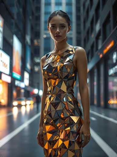 In this captivating image, a young woman stands confidently in the middle of a bustling city street, her presence commanding attention. She is dressed in a striking, sleeveless dress that shimmers with an array of triangular shapes in varying shades of gold, bronze, and silver, creating a mesmerizing, reflective effect. Her dark hair is pulled back, and she wears delicate earrings that complement her dress. The background is a blur of towering skyscrapers adorned with vibrant neon signs and billboards, adding to the urban ambiance. The street around her is alive with activity, featuring a few cars with their headlights on, and pedestrians going about their day. Despite the lively setting, the woman remains the focal point, her poised stance and radiant attire making her stand out against the dynamic cityscape.