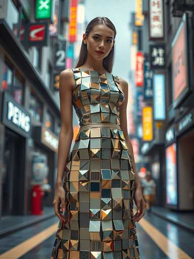 A woman is standing on a city street wearing a dress made up of small square pieces that create the appearance of a diamond pattern. The dress has a black and gold color scheme with a high neckline and short sleeves. She is positioned in front of a store window displaying a sign for "Pens".