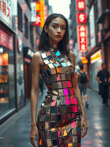 A woman in a futuristic, iridescent dress stands in a narrow, bustling street in Tokyo. The dress is a shimmering, geometric design with panels of varying colors and textures, reflecting the neon lights of the surrounding shops. She looks directly at the viewer with a serious expression, her dark hair falling over her shoulders. The background is blurred, emphasizing the woman as the focal point of the image. The street is lined with vibrant signage in Japanese, and other people can be seen walking in the background. The overall atmosphere is one of modern, urban energy and fashion.