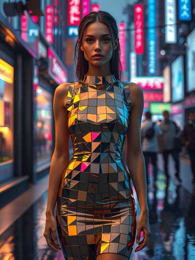 A woman is walking down a city street at night, wearing a metallic dress with a geometric pattern of triangles and squares that reflect the neon lights around her. The background shows buildings illuminated by bright lights, creating a vibrant atmosphere.