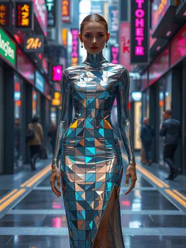 A futuristic, hyperrealistic image of a woman in a shimmering, iridescent dress walking down a neon-lit city street. The dress is made of a highly reflective material, possibly a futuristic fabric or advanced polymer, with a geometric pattern that catches the light. She is wearing high-heeled boots and has her hair styled in a sleek, modern way. The background is blurred, suggesting motion blur of other people walking in the distance and bright neon signs with Japanese characters. The overall mood is one of futuristic fashion, urban exploration, and a touch of mystery.