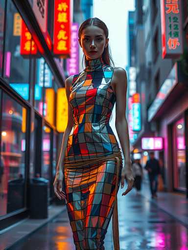 A woman in a futuristic, iridescent jumpsuit walks down a neon-lit street in Tokyo. The outfit is a body-hugging, high-necked garment with a geometric pattern of vibrant colors like blue, orange, red, and yellow. The jumpsuit appears to be made of a shiny, reflective material that catches the neon lights, creating a dynamic and futuristic effect. She has long, dark hair styled in a sleek ponytail and is looking directly at the viewer with a serious expression. The background features blurred neon signs in Japanese script and bright, colorful lights, suggesting a bustling urban environment. The overall mood is one of modern fashion, futuristic style, and vibrant city life.
