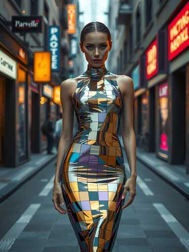 A woman is walking down an alleyway at night wearing a metallic dress with a geometric pattern and high neckline. The background features illuminated shops and signs, creating a vibrant cityscape atmosphere.