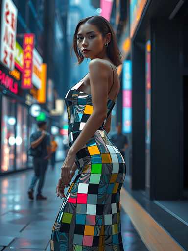 A woman is standing on a sidewalk at night, wearing a colorful dress with a geometric pattern and holding her hand to her hip. The background includes buildings and neon signs, creating an urban atmosphere.