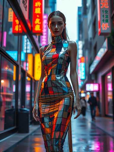 In this vibrant, futuristic cityscape, a young woman stands confidently on a glistening, rain-slicked sidewalk. She is adorned in a striking, form-fitting dress that resembles stained glass, with an array of colors including red, blue, orange, yellow, and black. The dress features a high collar and a low-cut neckline, complemented by a sash that cinches at her waist and trails down to her knees. Her long, dark hair is pulled back, and she wears earrings, enhancing her poised appearance. The backdrop reveals towering buildings adorned with neon signs in Asian script, casting a colorful glow over the scene. The sky above is a stark white, contrasting with the vivid neon lights that illuminate the street, creating a mesmerizing blend of modernity and artistic flair.