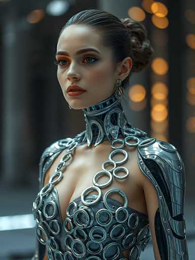 The image portrays a highly detailed, computer-generated scene featuring a young woman with a striking appearance. She has dark brown hair styled into a neat bun at the back of her head. Her face is adorned with makeup, including dark brown eyebrows, black eyelashes, and a touch of red lipstick. Her complexion is fair, and she has a small, delicate nose.

Her attire is particularly noteworthy, consisting of a metallic, silver-colored outfit that appears to be a form-fitting dress or armor. The dress features intricate designs, including numerous silver rings and circles, some of which are hollow. These metallic embellishments give the outfit a futuristic, almost robotic aesthetic. The dress is low-cut, revealing her shoulders and part of her chest, but it covers her arms completely.

The background of the image is blurred, with indistinct shapes that could be buildings or other structures. The overall color palette includes shades of black, gray, silver, and hints of orange, contributing to the futuristic and somewhat mysterious ambiance of the scene.
