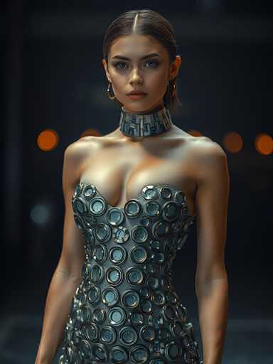 A stunning, digitally-rendered portrait of a woman modeling a futuristic dress made entirely of soda cans. She's wearing the dress as a strapless, form-fitting garment with a high neckline made of more soda cans. The dress features a unique design, seemingly constructed from numerous silver-colored aluminum cans arranged in a pattern that emphasizes the body's curves. Her skin has a warm, slightly metallic sheen, and her hair is styled in a sleek, pulled-back fashion. She's wearing large gold hoop earrings and has a serious yet captivating expression, looking directly at the viewer. The background is dark and blurred, with soft, out-of-focus orange lights suggesting a stage or runway setting. The overall lighting is dramatic, highlighting the texture and reflective qualities of the soda can dress.