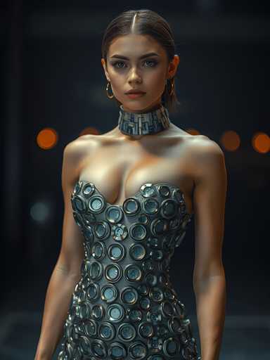 A woman is standing against a dark background with her arms crossed and hands on her hips. She is wearing a strapless dress that features circles of varying sizes, giving it an industrial or futuristic look. The dress has a metallic sheen to it, adding to the overall aesthetic.