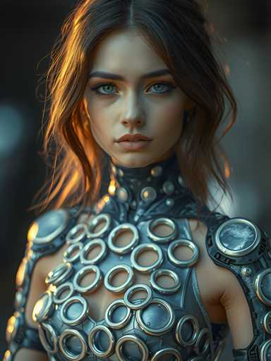 The image shows a close-up portrait of a woman with long brown hair and striking blue eyes. She is wearing a futuristic outfit that includes a metallic bodysuit adorned with circular rings on the chest area. The background appears to be dark, which contrasts with her vibrant attire and accentuates her features.
