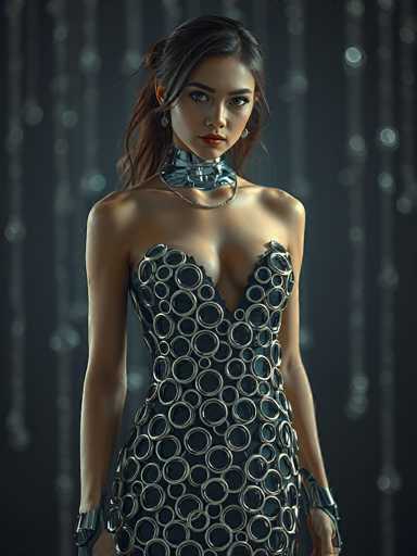 The image depicts a highly detailed, computer-generated rendering of a young woman, likely in her late teens or early twenties. She has long, dark brown hair that is pulled back into a ponytail, with some strands framing her face. Her complexion is light brown, and she has striking blue eyes, accentuated by dark eyebrows and red lipstick. She is wearing a form-fitting, strapless dress adorned with numerous metallic silver circles, which create a shimmering effect. The dress features a deep V-neckline that reveals her cleavage. Around her neck, she has a metallic silver choker, and a chain necklace drapes down to her chest. Additionally, she wears silver bracelets on both wrists. The background is a dark gray, with blurred, vertical lines and scattered white dots, adding to the overall depth and complexity of the image.