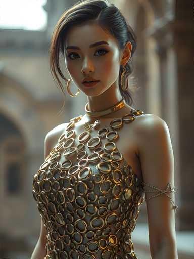 A young woman with dark hair is the central figure in this image. She's wearing a gold dress that features circular shapes and a choker necklace made of gold rings. The background appears to be an old building or castle-like structure, adding an air of mystery and intrigue to the scene.