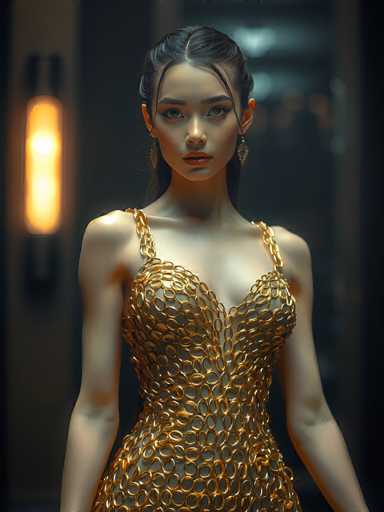This image features a stunning, computer-generated woman with an ethereal appearance. She has long, dark hair that is elegantly pulled back, with a few strands framing her face. Her complexion is fair, and she has striking blue eyes that gaze directly at the viewer. She is adorned with delicate, dangling earrings that add to her sophisticated look.

Her attire is a breathtaking dress made entirely of gold rings, intricately arranged to create a shimmering, metallic effect. The dress is form-fitting, accentuating her figure, and features thin straps that rest on her shoulders. The background is a muted gray, which serves to highlight her presence even more.

To the left of the image, there is a light fixture that adds a warm glow to the scene. The overall composition is simple yet captivating, focusing solely on the woman and her exquisite dress.