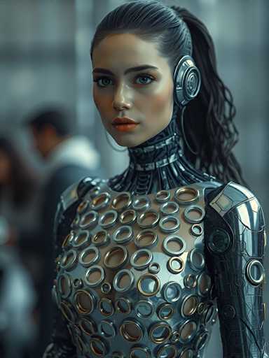The image depicts a highly detailed, computer-generated scene of a female cyborg, blending human and robotic features. The cyborg has long, dark hair tied back in a ponytail and is adorned with a metallic headset that covers her ears. Her face is strikingly human, with dark eyes, dark eyebrows, and red lips, but her neck and chest are distinctly mechanical, featuring a silver plate with numerous circular holes. Her torso is encased in a metallic suit, with visible robotic components on her arms and chest. The background is blurred, showing indistinct figures, including a man in a white hoodie and another person in a gray suit, adding to the sense of depth and focus on the cyborg. The overall color palette includes shades of gray, black, white, silver, gold, and red, enhancing the futuristic and technological aesthetic of the image.
