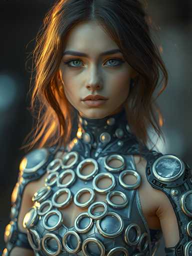 A close-up portrait of a young woman with striking blue eyes, wearing an intricate, futuristic armor. The armor is primarily silver and dark gray, with circular plates adorned with glowing accents. Her hair is long, wavy, and a warm brown, partially framing her face. She has a serious yet captivating expression, looking directly at the viewer. The lighting is soft and warm, highlighting the details of the armor and her features. The background is blurred, drawing focus to the woman's face and attire.