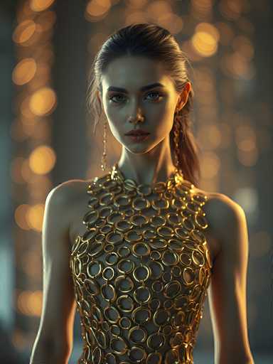 A stunning portrait of a woman in an elaborate golden dress, captured with a soft, warm lighting. The focus is sharp on her face and upper body, while the background is blurred with bokeh lights, creating a dreamy atmosphere. The woman has fair skin, piercing blue eyes, and her dark hair is styled in a sleek ponytail. She's wearing a halter-style dress made of interconnected golden rings, which emphasizes her figure and adds to the overall luxurious feel. Her expression is serene yet captivating, drawing the viewer's attention to her elegant features and the intricate details of her attire. The overall mood is one of sophistication, glamour, and a touch of fantasy.