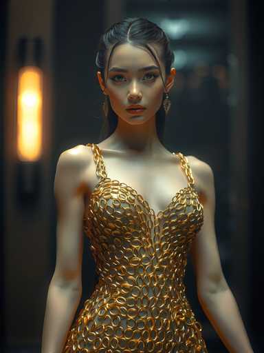 A woman is standing against a dark background with her arms crossed and looking directly at the camera. She is wearing a gold dress that features a chain design on the bodice. The lighting in the image is coming from an orange light source located to the left of the frame.