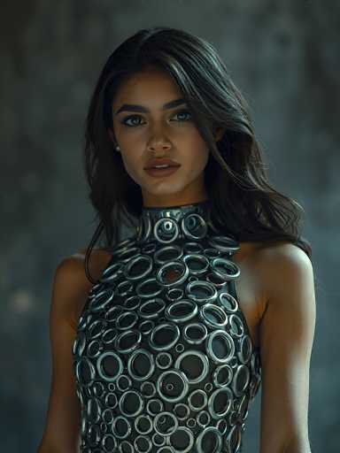 A stunning portrait of a young woman with long, dark hair and striking blue eyes. She's wearing a futuristic silver dress adorned with circular details, creating a textured and eye-catching design. The lighting is soft yet dramatic, highlighting her features and the intricate details of her attire. Her expression is captivating, with a direct gaze that draws the viewer in. The background is blurred, keeping the focus entirely on her and her unique outfit.