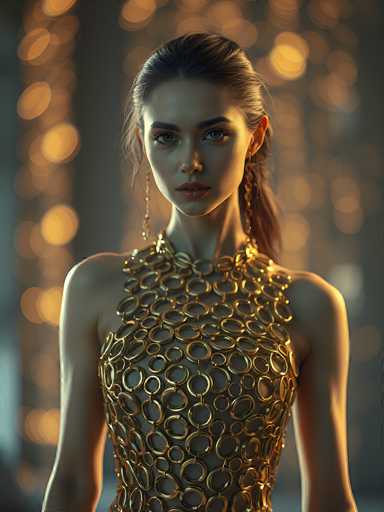 The image depicts a highly realistic, computer-generated portrayal of a young woman, likely in her early 20s, with a strikingly beautiful appearance. She has long, dark brown hair that is pulled back into a ponytail, with some wisps framing her face. Her complexion is fair, and she has expressive brown eyes, thick eyebrows, and full lips. She is adorned with long, dangling gold earrings and a matching gold dress that features a unique design of interlocking circles, leaving her shoulders bare. The dress appears to be made of a metallic material, adding to its intricate and eye-catching look. The background is blurred, filled with soft, glowing lights in shades of yellow, orange, and gold, creating a dreamy and ethereal atmosphere that highlights the woman's presence in the foreground.