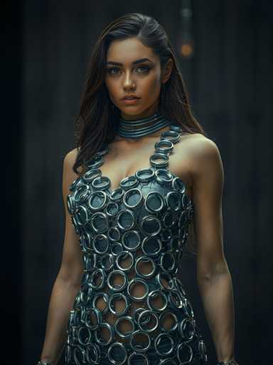 A woman is standing against a dark background with her arms crossed and hands at her sides. She is wearing a dress made of small circles that form a pattern on the front. The dress has a high neckline and a low slit down the middle.