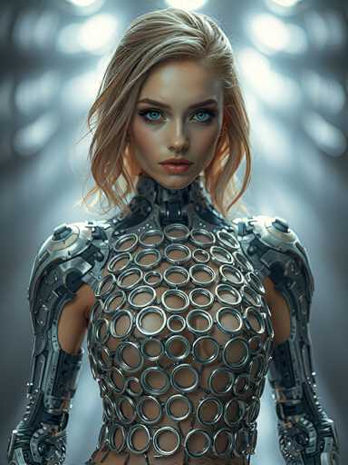 This image depicts a highly detailed, computer-generated female character that appears to be a cyborg or robot. She has a strikingly realistic human face with long, dirty blonde hair cascading down to her shoulders. Her eyes are a vivid blue, and her lips are painted a bold red. The character's neck is distinctly mechanical, leading down to a torso that is partially covered by a unique armor. This armor features a series of interconnected silver rings, creating a see-through effect that reveals her skin underneath. The armor extends to her shoulders and arms, which are also partially exposed, showcasing a blend of human and mechanical elements. The background is a blurred mix of white and gray, with indistinct lights that add to the futuristic and sci-fi ambiance of the image.