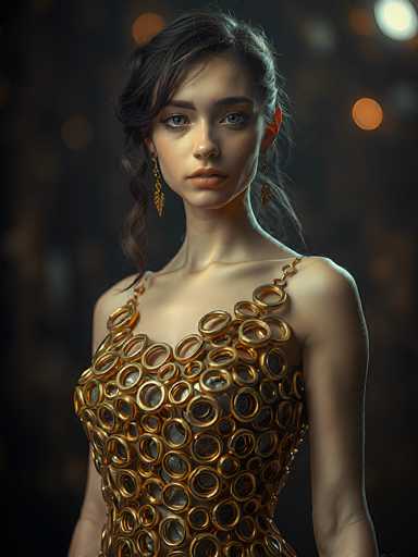 A stunning portrait of a young woman with captivating eyes, wearing an elaborate golden dress. The dress is intricately designed with numerous circular elements that create a shimmering, textured effect. Her hair is styled in soft waves, partially pulled back, and she wears delicate golden earrings that complement the dress. The background is dark and blurred, with soft bokeh lights adding a touch of depth to the image. Her expression is serene yet intense, drawing the viewer's attention to her face and the intricate details of her attire. The overall lighting is soft and dramatic, highlighting the woman's features and the luxurious texture of her dress.
