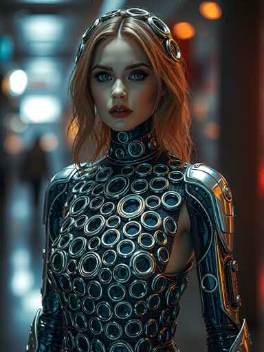 The image depicts a highly detailed, computer-generated scene featuring a young woman with a striking appearance. She has long, wavy blonde hair that cascades down to her shoulders, with a few strands framing her face. Her hair is adorned with a headband that features intricate silver and black designs, resembling small circles and lines.

Her face is characterized by a heart-shaped face, with a pointed chin and a full, pouty lips that are a dark red color. Her eyes are a captivating blue, framed by thick black eyelashes and brown eyebrows. She has a fair complexion that is accentuated by the redness around her nose and lips.

The woman is dressed in a futuristic, metallic outfit that exudes a sleek and industrial aesthetic. The outfit is primarily black with silver accents, featuring a pattern of circular designs that vary in size and shape. Some circles are solid, while others are hollow, and some are filled with black or silver. The design covers her entire visible body, including her arms, chest, and neck, creating a form-fitting, almost robotic appearance.

The background is blurred, with indistinct shapes that suggest a setting with lights and possibly a wall. The overall composition of the image is square, emphasizing the woman as the central focus of this visually striking and detailed scene.