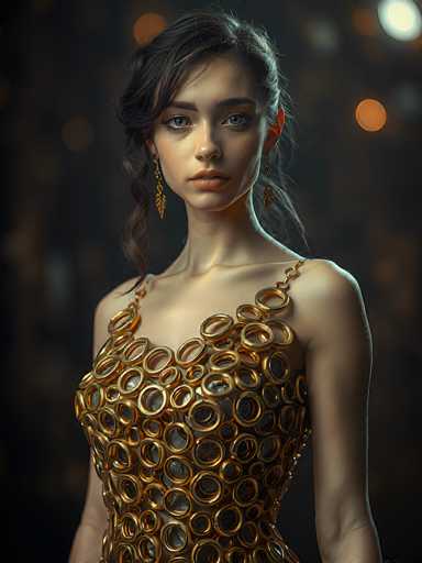The image depicts a young woman, possibly in her late teens or early twenties, with a striking and somewhat surreal appearance. She has long, dark brown hair that is partially pulled back, with a few strands cascading over her right shoulder. Her complexion is fair, and she has captivating blue eyes that are accentuated by her heavy makeup, including dark eyebrows and mascara. Her lips are painted a soft pink, adding a touch of warmth to her expression.

She is adorned with long, dangling earrings that resemble leaves, adding an elegant touch to her look. Her attire is particularly eye-catching, featuring a dress made entirely of gold rings. These rings vary in size, creating a textured and intricate pattern that covers her entire torso. The dress is sleeveless, with the rings arranged in a way that they are more closely spaced around her chest and gradually spread out as they descend towards her waist.

The background of the image is dark, with a bokeh effect that creates blurred, circular lights in shades of orange and white, adding to the dreamlike quality of the scene. The overall effect is a blend of realism and digital artistry, making the woman appear almost too perfect and giving the image a slightly artificial, yet captivating, aesthetic.