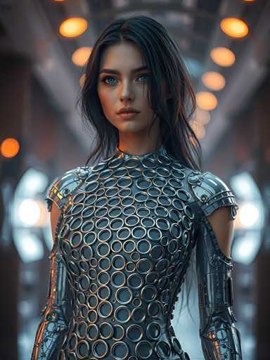 This image features a stunning, highly detailed 3D rendering of a woman with an almost photorealistic appearance. She has long, dark brown hair that cascades down her back, with some strands falling over her face. Her striking blue eyes are framed by dark eyebrows, and her full lips are accentuated by a touch of lip gloss. Her complexion is fair, and she has a delicate, well-defined nose.

The woman is adorned in an intricate, metallic dress that appears to be crafted from a combination of leather and metal. The dress is predominantly black, with numerous circular patterns in silver and gold adorning it. These circles vary in size and shape, adding depth and texture to the garment. The dress is form-fitting, highlighting her figure, and features long sleeves that extend down her arms. The metallic elements of the dress are particularly prominent around the shoulders and chest, creating a striking contrast against the black leather.

The background of the image is blurred, drawing focus to the woman. It appears to be a futuristic setting, possibly a spaceship or a high-tech building, with hints of metallic structures and lighting. The overall effect is one of a futuristic, sci-fi aesthetic that highlights the woman's beauty and the intricate details of her attire.
