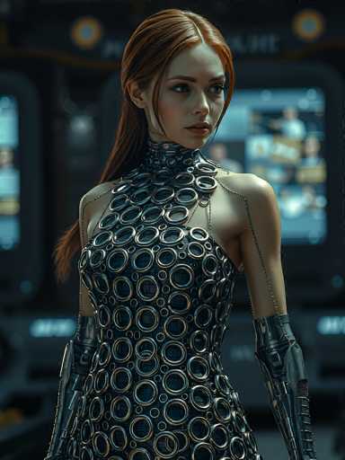 The image depicts a highly detailed, computer-generated female character, likely from a video game or animated movie. She has long, reddish-brown hair that is tied back in a ponytail, with a few loose strands framing her face. Her skin is pale, and she has striking blue eyes and full lips. She is adorned in a form-fitting, sleeveless dress that extends up to her neck, featuring a pattern of silver circles with black centers. The dress appears to be made of a metallic or leather material, giving it a sleek, futuristic look. She also wears matching silver gloves that extend up to her biceps. The background is blurred, but it suggests a high-tech environment with screens displaying various images, possibly of people. The overall scene evokes a sense of a sci-fi setting, reminiscent of a character from a game like "The Matrix."