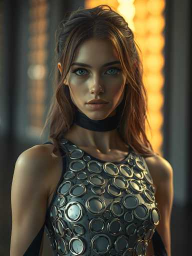 A woman with long brown hair is standing against a black background and wearing a silver dress with circular patterns on the neckline.