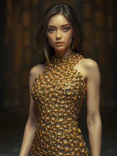 This image features a highly detailed, computer-generated depiction of a young woman, likely in her late teens or early twenties. She has long, dark brown hair that cascades down to her shoulders, with a few strands framing her face. Her complexion is light, and she has striking green eyes that are accentuated by her long eyelashes. Her lips are a soft pink, and she wears a serious expression as she gazes directly at the viewer.

The woman is adorned in a unique, strapless dress that appears to be made of interconnected gold rings, creating a shimmering, metallic effect. The dress is form-fitting, highlighting her slender figure, and it extends from her neck down to her thighs, where the image cuts off. She also wears long, dangling earrings that complement her elegant attire.

The background is a dark, blurred mix of brown and black hues, which contrasts with the woman's figure, making her stand out prominently. The overall composition of the image is vertical, emphasizing the woman's elongated form and the intricate details of her dress and features.