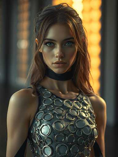 A captivating portrait of a young woman with striking emerald green eyes, wearing a futuristic silver and black metallic bodysuit. The suit features circular accents on the chest and shoulders, creating a dynamic, textured design. Her long, wavy brown hair is styled with loose strands framing her face and a subtle black choker adorns her neck. The lighting is soft yet dramatic, highlighting the woman's features and the intricate details of her attire. The background is blurred, drawing focus to the woman's intense gaze directly at the viewer.
