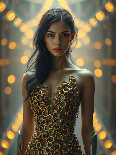 The image depicts a young woman, likely in her early 20s, with long, dark brown hair that cascades over her right shoulder. She has a medium complexion and is adorned with large, gold hoop earrings. Her attire is a striking, sleeveless dress made entirely of gold rings, which cover her torso from the chest down to her hips. The dress features a low neckline that reveals some cleavage. She stands confidently, facing the camera, with her arms relaxed at her sides. The background is a blur of golden lights, creating a bokeh effect that enhances the ethereal quality of the scene. The overall composition suggests a high-fashion or editorial setting, possibly for a magazine spread.