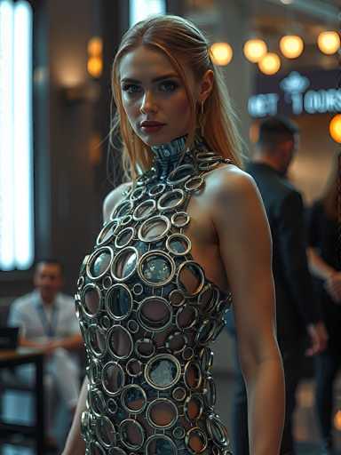 In this striking photograph, a woman with long blonde hair cascading down her back stands confidently, gazing directly at the camera. She is adorned in a unique, sleeveless dress that extends up to her neck, crafted from interconnected metal rings of varying sizes. The rings are predominantly silver, with some featuring a reflective blue hue, adding a touch of elegance to her avant-garde ensemble. Her makeup is bold, with dark red lipstick and heavy eye makeup, enhancing her captivating presence. The background is blurred, drawing focus to her, but it reveals a man seated at a table to her left, wearing a white shirt and a blue lanyard, with his hands clasped together. To her right, a man in a black suit stands with his back to the camera, adding depth to the scene. The setting appears to be a restaurant or a similar venue, with soft lighting and a blurred sign that reads "Tours," suggesting a possible tour or event context.