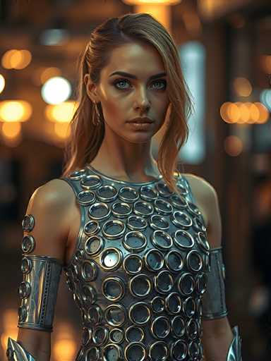 This image features a strikingly realistic, computer-generated depiction of a woman with a serious expression. She has long, dirty blonde hair that cascades down to her shoulders, with a portion tucked behind her ear. Her eyes are a captivating blue, and she wears a subtle touch of lipstick. The woman is dressed in a sleeveless, metallic silver top adorned with numerous circular patterns, resembling rivets or buttons. Her arms are bare, and she wears matching silver armbands on both her upper arms and forearms. The background is blurred, filled with indistinct lights and shapes, adding to the overall dramatic and enigmatic atmosphere of the image.