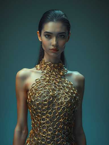 The image depicts a highly detailed, computer-generated portrait of a young woman, likely in her late teens or early twenties, with an Asian appearance. She has long, dark hair that is slicked back and tied into a ponytail that drapes down her back. Her complexion is light, and she has striking blue eyes, dark eyebrows, and full lips adorned with a subtle shade of lipstick. The woman is dressed in an elaborate, sleeveless gown made entirely of gold rings, which cover her chest and neck, leaving her shoulders bare. The background is a gradient of dark blue to greenish-blue, enhancing the ethereal quality of the image. The overall style suggests a blend of fantasy and high fashion, reminiscent of a character from a video game or a fantasy movie.