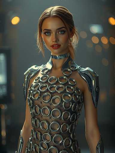 The image depicts a young woman, likely in her late teens or early twenties, with a striking appearance. She has fair skin and her hair is pulled back into a ponytail, with a few strands framing her face. Her eyes are a captivating blue, and she wears red lipstick that highlights her full lips. She is adorned in a futuristic, metallic dress that features a unique design. The dress is sleeveless, with silver shoulder pads and a silver collar that wraps around her neck. The bodice of the dress is covered in numerous silver rings, creating a layered effect that extends down to her waist. The background is blurred, with a bokeh effect of yellow and orange lights, adding to the overall futuristic ambiance of the image.