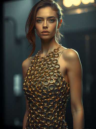 This image features a stunning, computer-generated depiction of a young woman, likely in her early 20s. She has a fair complexion and captivating blue eyes. Her dark brown hair is styled with a side-swept bang, while the rest is pulled back, accentuating her elegant features. She is adorned with a single gold earring in her right ear, and her lips are painted a subtle shade of pink.

Her attire is a striking, sleeveless dress that appears to be crafted from a metallic material. The dress is intricately designed with numerous gold rings, each featuring a central black circle, creating a visually captivating pattern. The dress is form-fitting, highlighting her slender figure, and it extends down to her midsection, where it is cut off in the image.

The background is a muted gray, with a faintly visible, blurry object that resembles a door. The overall composition of the image is square, with the woman positioned centrally, drawing the viewer's attention to her exquisite features and unique attire.